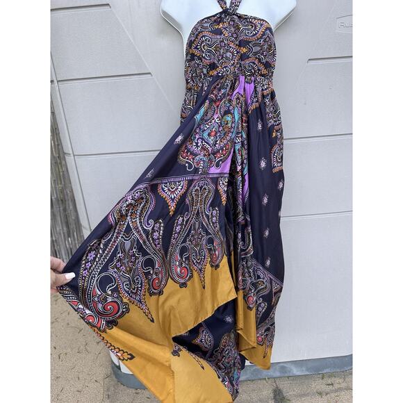 Express Y2K Silk Paisley Halter Neck Handkerchief Maxi Dress Sz 2 Boho Resort - Picture 8 of 16